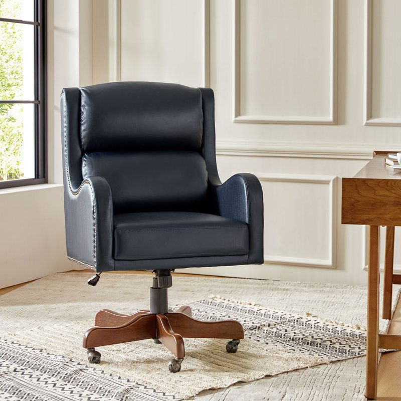 Lundgren 45'' H Vegan Leather Tilting Executive Chair with Lumbar Support and Solid Wood Base